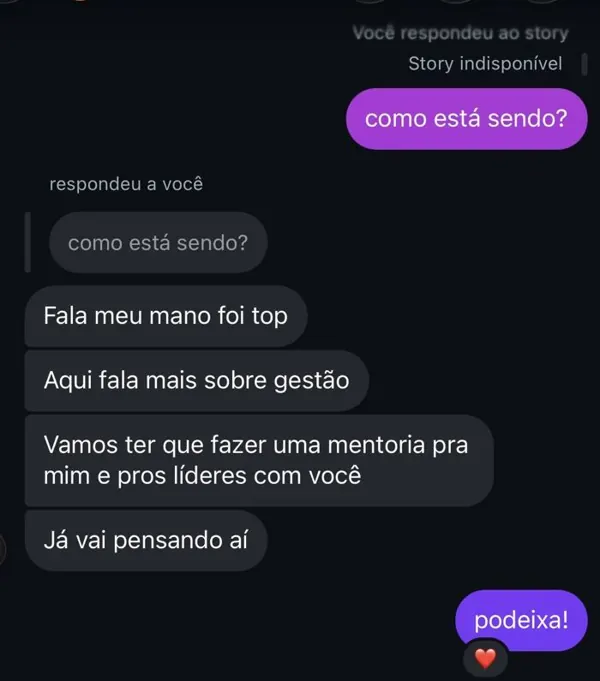 Print de conversa sobre mentoria com Juan Correia