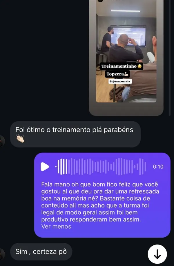 Print de áudio agradecendo treinamento com Juan Correia
